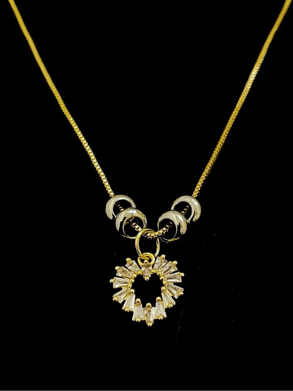 Gold-Tone Box Chain Necklace with Crystal Baguette Teardrop